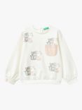 Benetton Kids' Cat Motif Crew Neck Sweatshirt, Cream