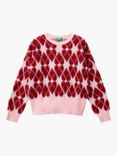 Benetton Kids' Heart Print Crew Jumper, Pink