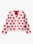 Benetton Kids' Heart Print Cardigan, Pink/Red