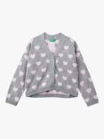 Benetton Kids' Heart Print Cardigan, Medium Melange Grey