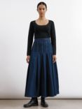 Albaray Midi Pleat Denim Skirt, Dark Wash Indigo