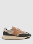 Reiss Emmett Leather Blend Lace Up Trainers, Green/Camel