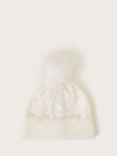 Monsoon Kids' Lizzie Sequin Pom Pom Beanie Hat, Ivory