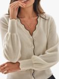 Pure Collection Scallop Tipped Cashmere Cardigan, Soft White/Navy