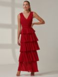 Jolie Moi Plain Tiered Mesh Maxi Dress, Red