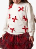 Angel & Rocket Kids' Ribbon Bow Long Sleeve T-Shirt, Ivory/Red