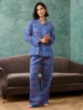 Brora Botanical Block Print Organic Cotton Pyjama Set, Sky/Heather