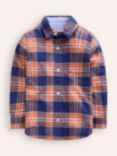 Mini Boden Kids' Check Cosy Shirt, Starboard/Orange