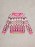 White Stuff Kids' Checkerboard Wool Blend Jumper, Pink Mlt