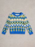 White Stuff Kids' Checkerboard Wool Blend Jumper, Blue/Multi