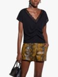 SISLEY Ruched Lace Trim T-Shirt, Black