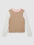 Reiss Kids' Audrey Wool Cashmere Blend Colour Block Jumper, Camel