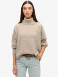 Superdry Lightweight Cable Roll Neck Jumper, Beige Twist