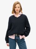 Superdry Oversized V Neck Cable Jumper, Eclipse Navy