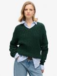 Superdry Oversized V Neck Cable Jumper, Darkest Pine Green