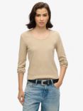 Superdry Fine Rib Scoop Neck Long Sleeve Top, Crockery Brown Marl