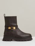 Reiss Elena Leather Buckle Detail Chunky Calf Boots, Chocolate