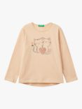 Benetton Kids' Cat Print Long Sleeve T-Shirt, Beige