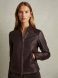 Reiss Allie Collarless Leather Jacket, Berry