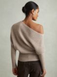 Reiss Nelly Wool Cashmere Off Shoulder Draped Rib Jumper, Neutral