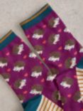 White Stuff Hedgehog Embroidered Socks, Purple/Multi