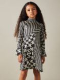 Reiss Kids' Ester Dogtooth Mix Print Dress, Black/Cream