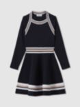 Reiss Kids' Fallon Stripe Detail Flared Dress, Navy