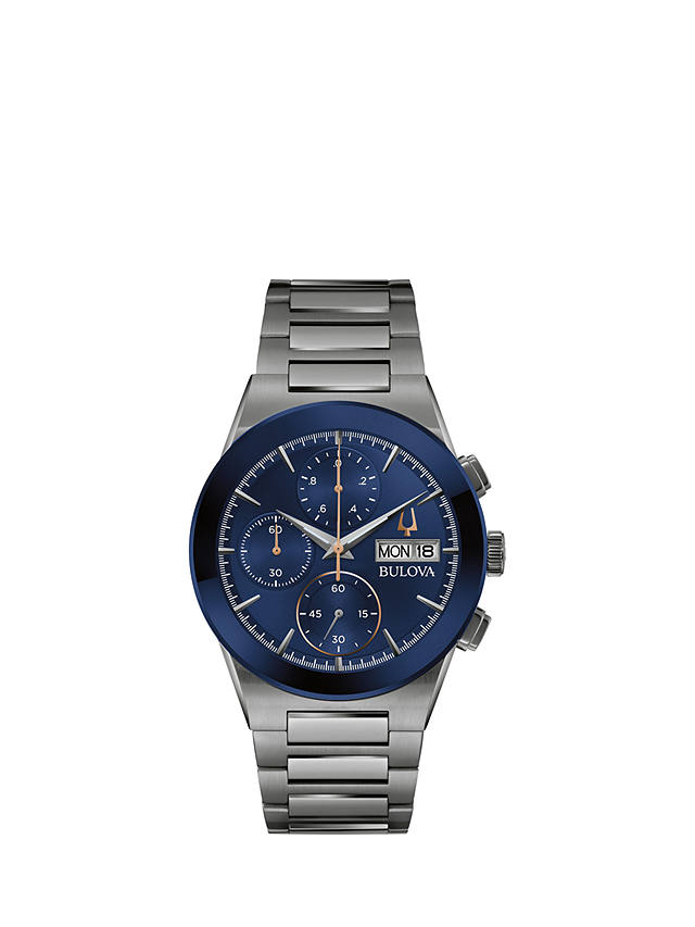 Bulova Men's Modern Millennia Day Date Chronograph Bracelet Strap Watch, Grey/Blue 98C143 