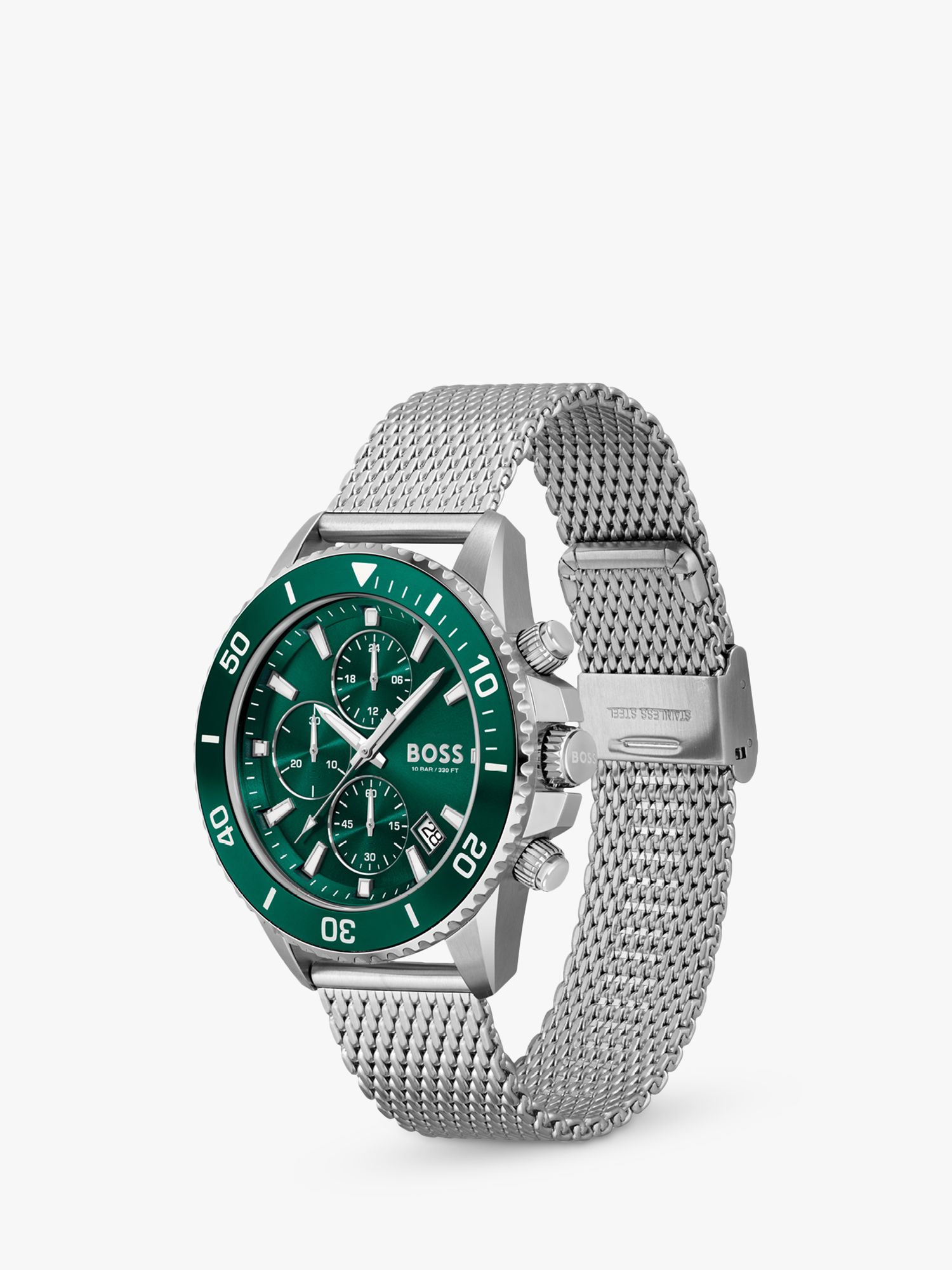 Buy BOSS 1513905 Men's Admiral Chronograph Date Mesh Bracelet Strap Watch, Silver/Green Online at johnlewis.com