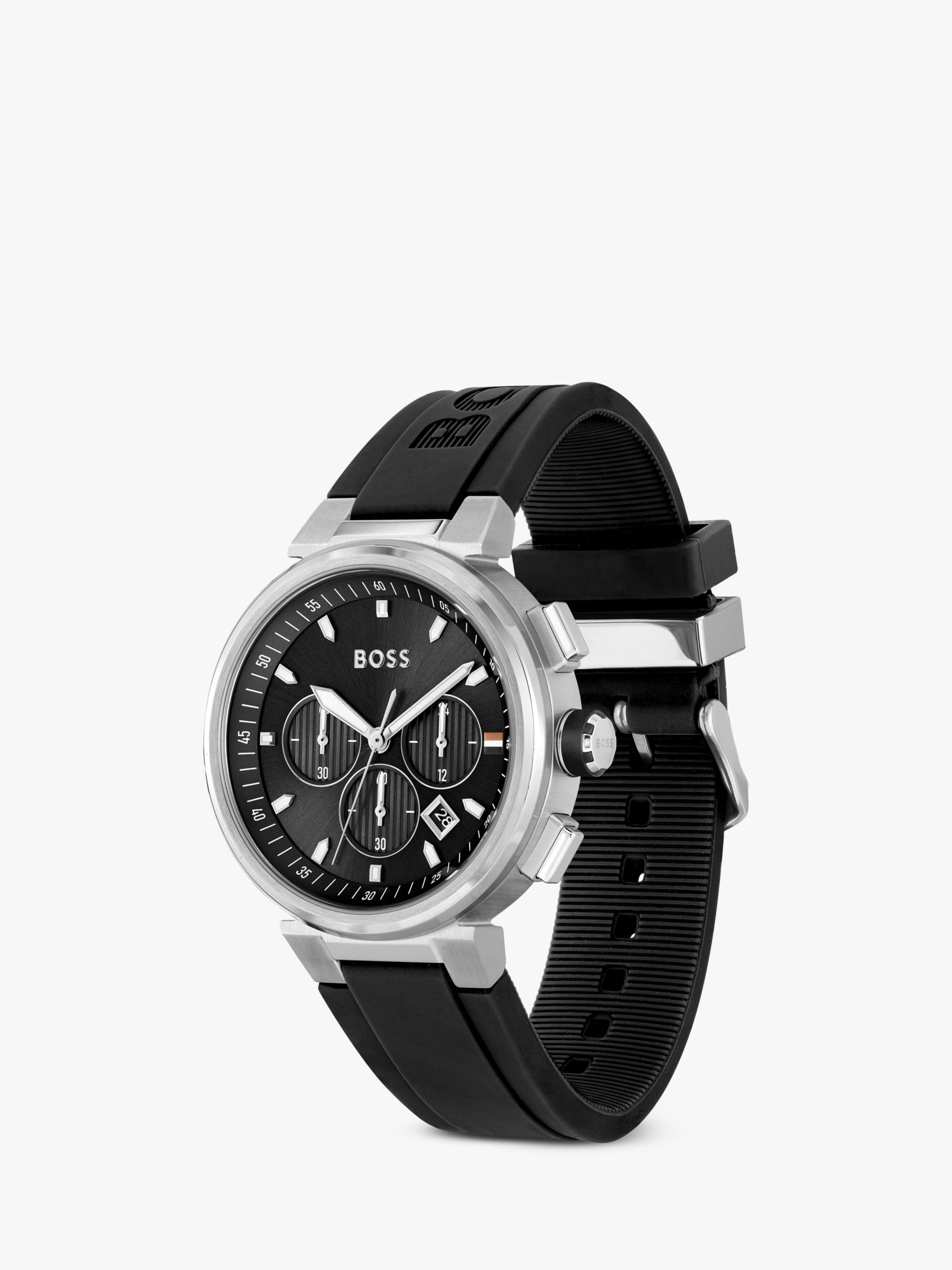 BOSS 1513997 Men's One Chronograph Date Silicone Strap Watch, Black at John & Partners