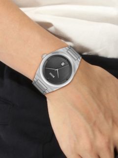 BOSS Men\'s Steer Date Bracelet Strap Watch, Silver/Military Grey 1513992 | Quarzuhren