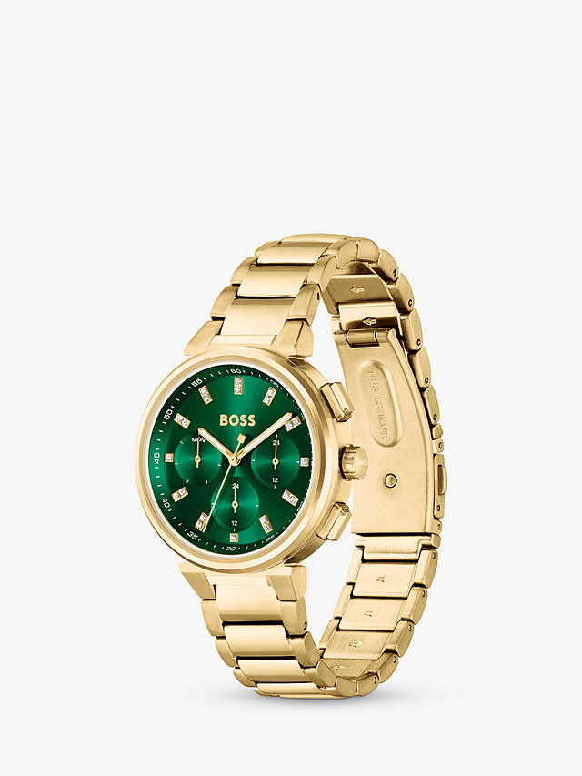 BOSS Women's One Chronohraph Day Bracelet Strap Watch, Gold/Green 1502679 