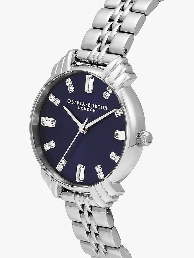 Olivia Burton Women's Art Deco Crystal Bracelet Strap Watch, Silver/Navy OB16DC01 