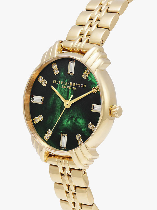 Olivia Burton Women's Art Deco Crystal Bracelet Strap Watch, Gold/Green OB16DC02 