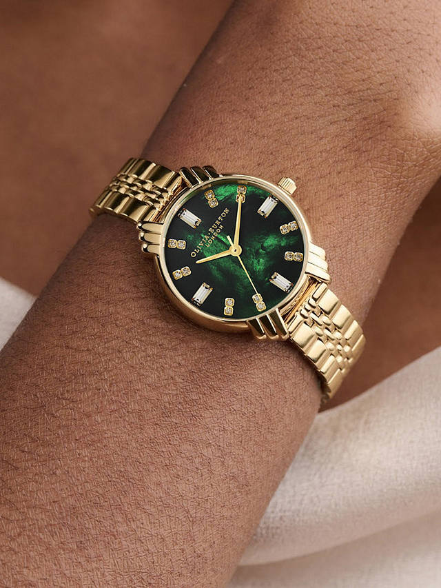Olivia Burton Women's Art Deco Crystal Bracelet Strap Watch, Gold/Green OB16DC02 