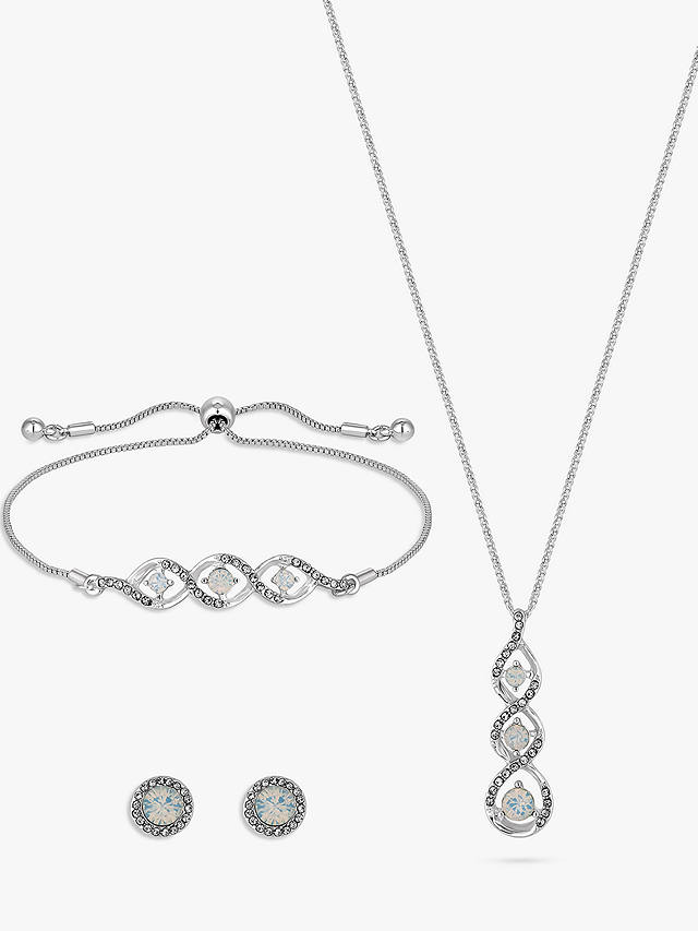 Jon Richard Trio Hoop Opal & Crystal Pendant Necklace, Bracelet and Stud Earrings Jewellery Set, Silver