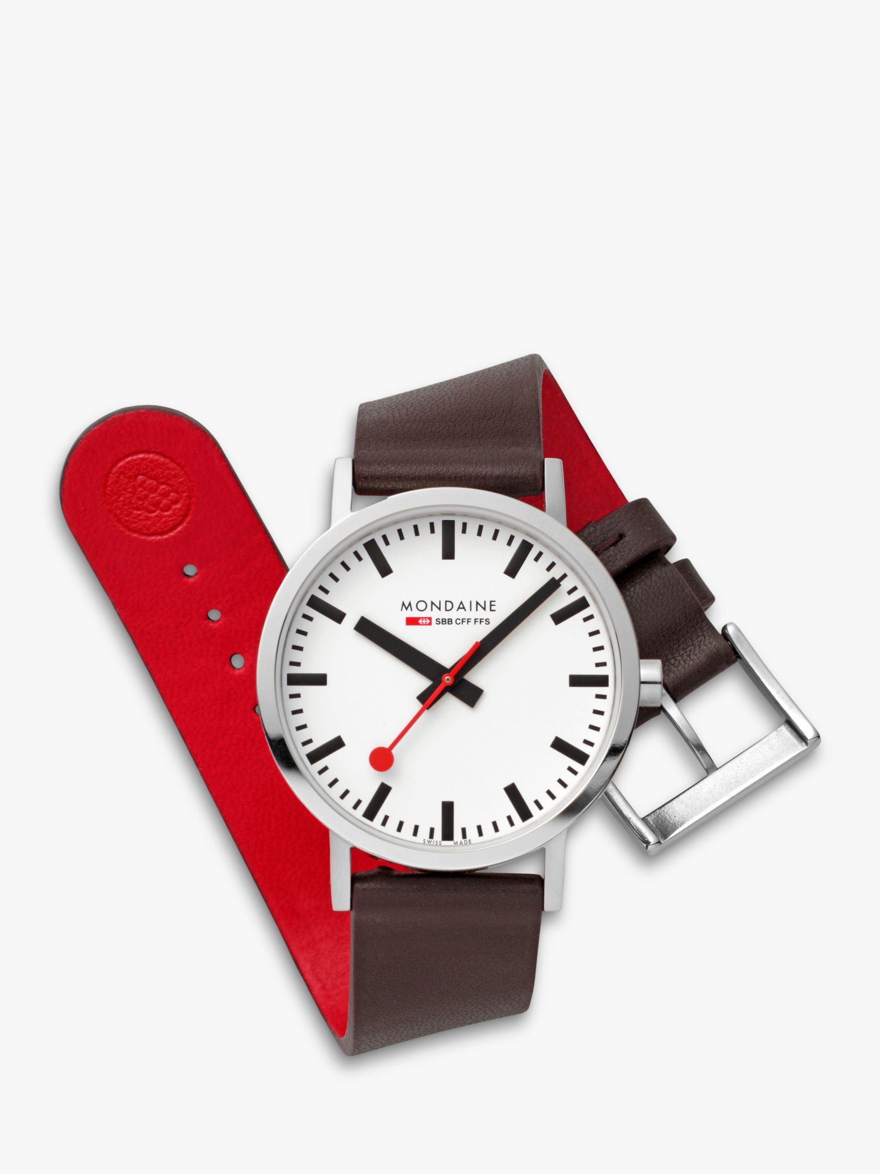 Mondaine A660.30360.11SBGV Men's SBB Classic Vegan Leather Strap Watch, Brown/White