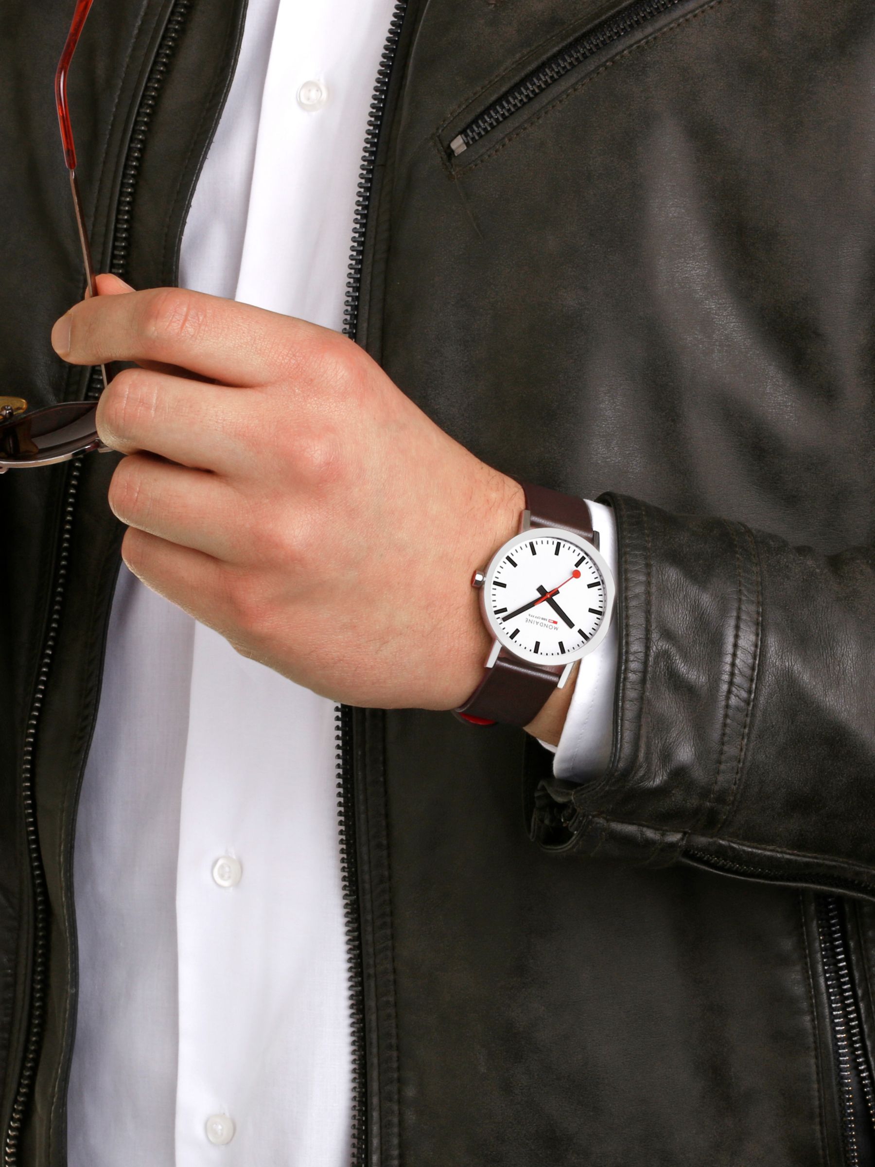 Mondaine A660.30360.11SBGV Men's SBB Classic Vegan Leather Strap Watch, Brown/White
