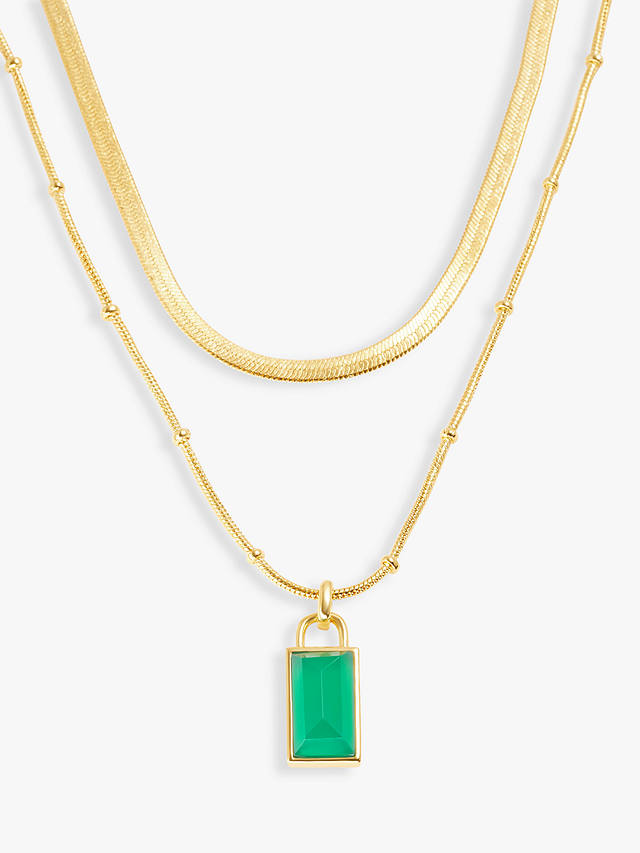 John Lewis Gemstones Layered Chain Pendant Necklace, Gold/Green Agate