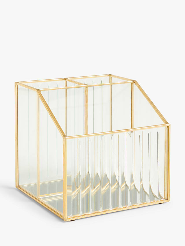 John Lewis Ribbed Glass Make Up Organiser, Gold/Clear 1