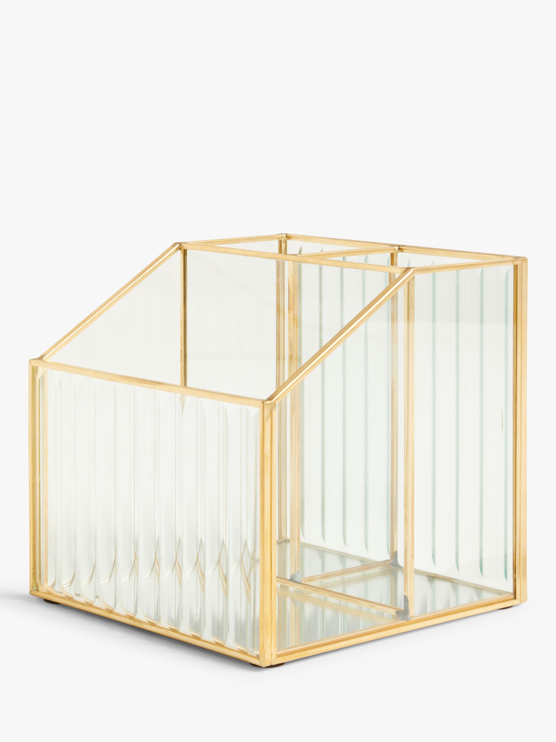 John Lewis Ribbed Glass Make Up Organiser, Gold/Clear 2