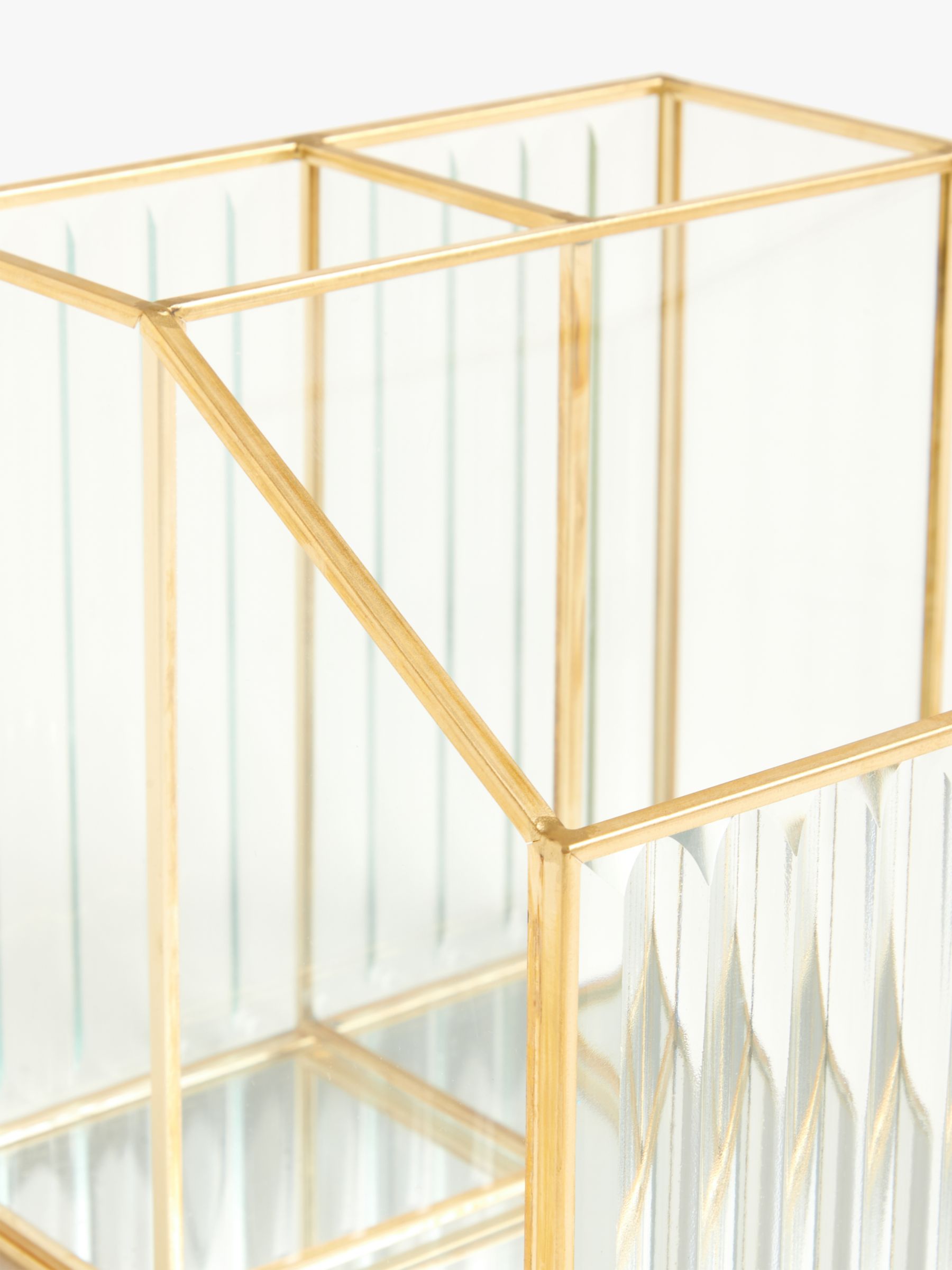 John Lewis Ribbed Glass Make Up Organiser, Gold/Clear 3