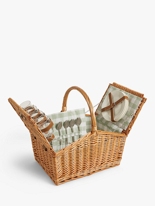 John Lewis Country Gingham Print Filled Willow Wicker Picnic Hamper, 4 Person