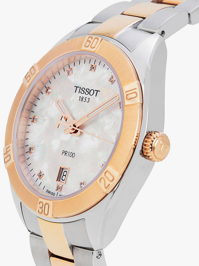 Tissot T1019102211600 Women's PR 100 Sport Chic Diamond Date Bracelet Strap Watch, Rose Gold/Silver