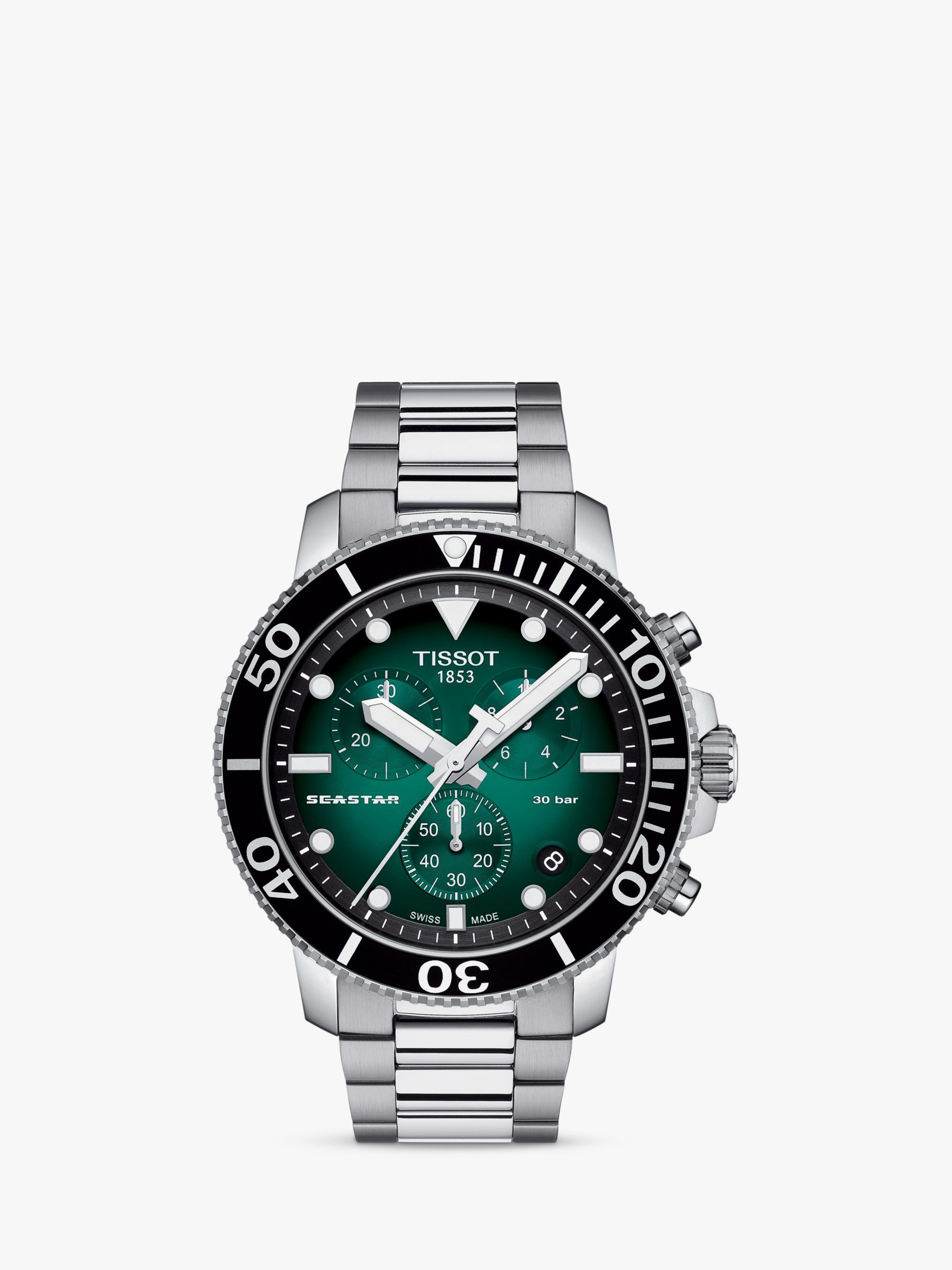 Buy Tissot T1204171109101 Men's Seastar Chronograph Date Bracelet Strap Watch, Silver/Green Online at johnlewis.com