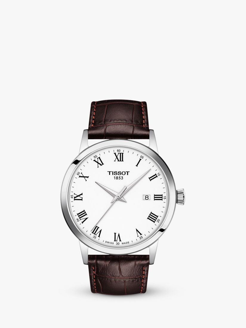 Tissot Men's Classic Dream Date Leather Strap Watch, Brown/White T1294101601300