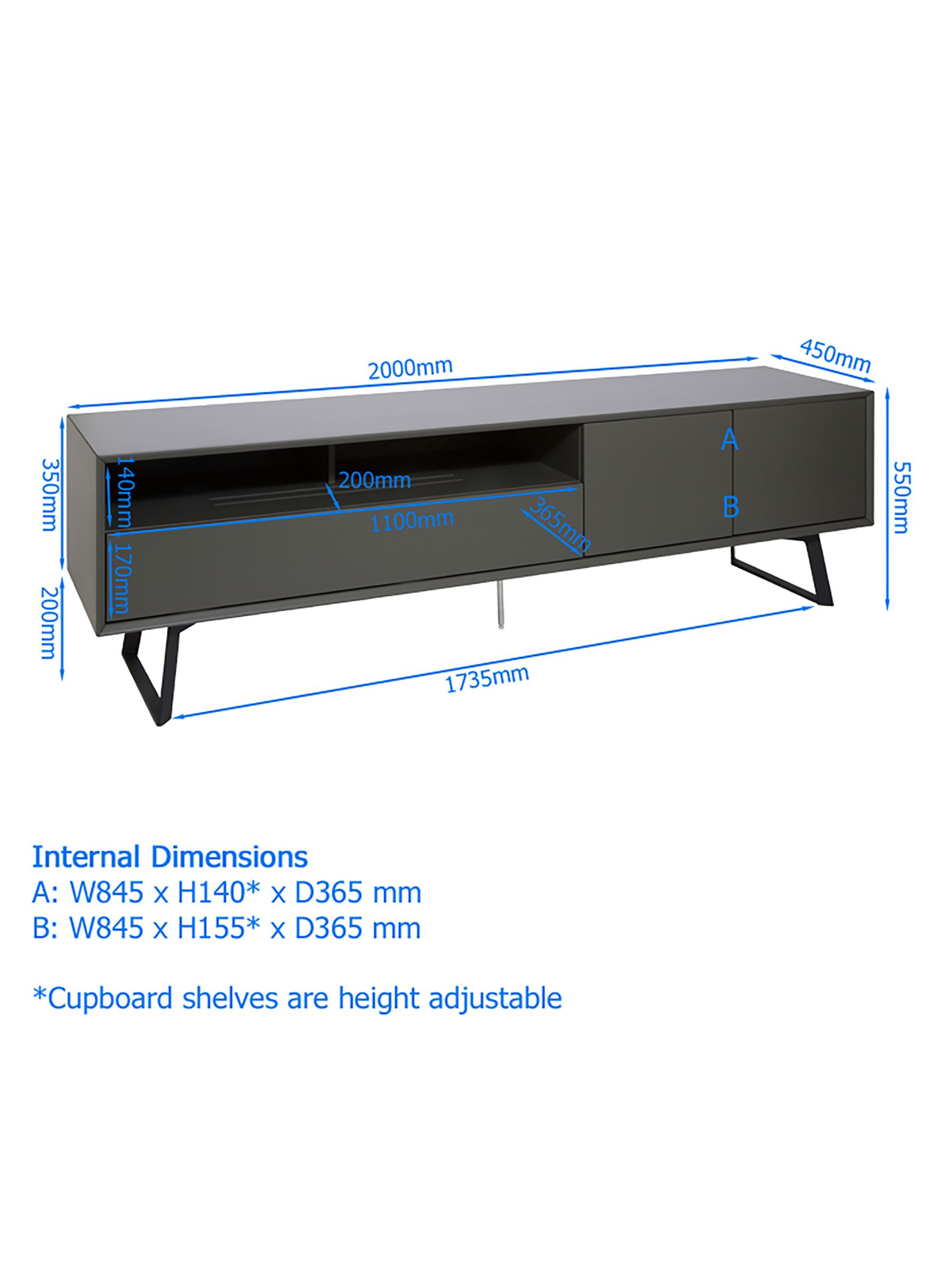 Alphason Carbon 2000mm TV Stand for TVs up to 90”, Grey