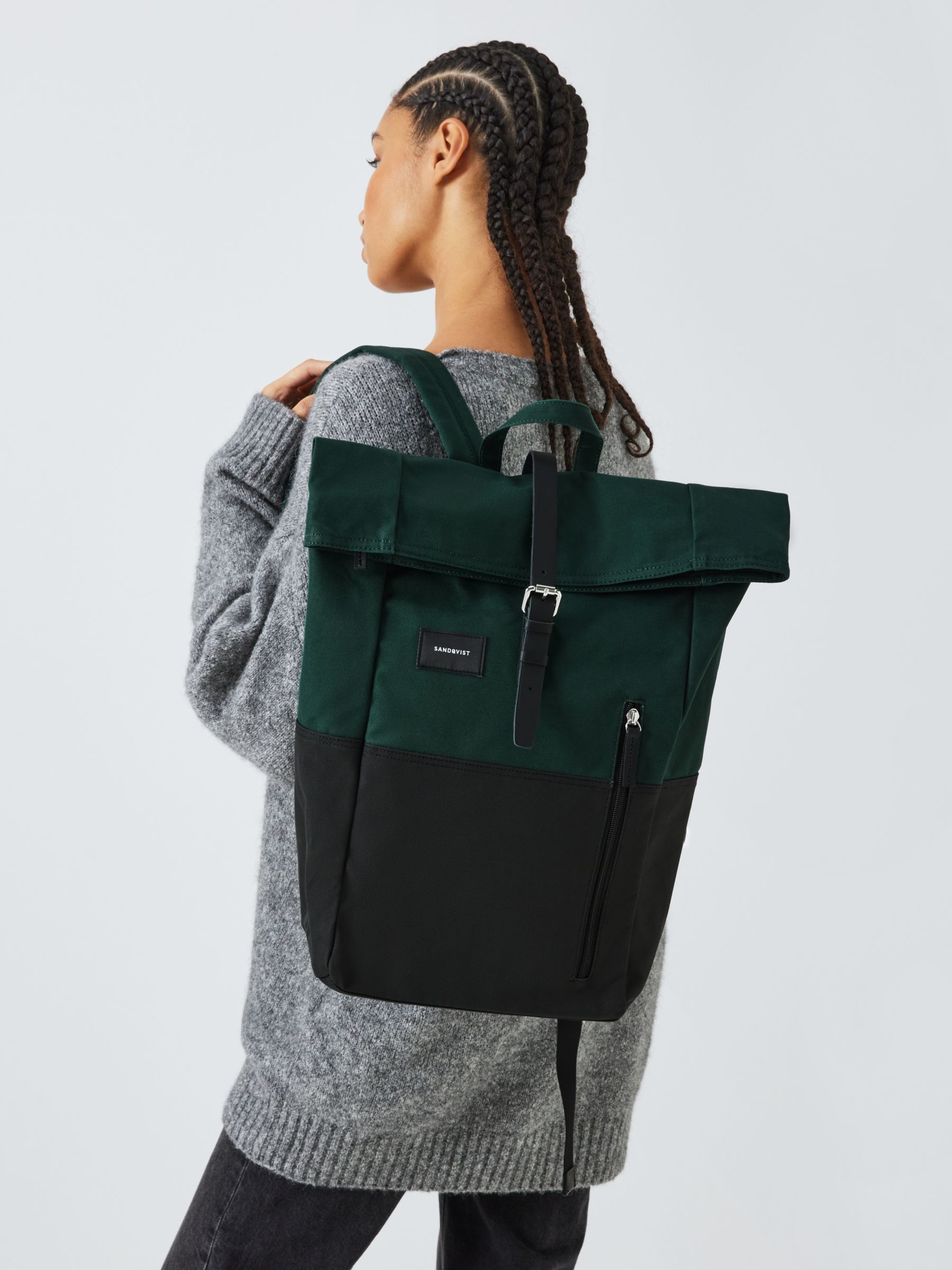 Sandqvist Dante Roll-Top Backpack, Deep Green/Black at John Lewis ...