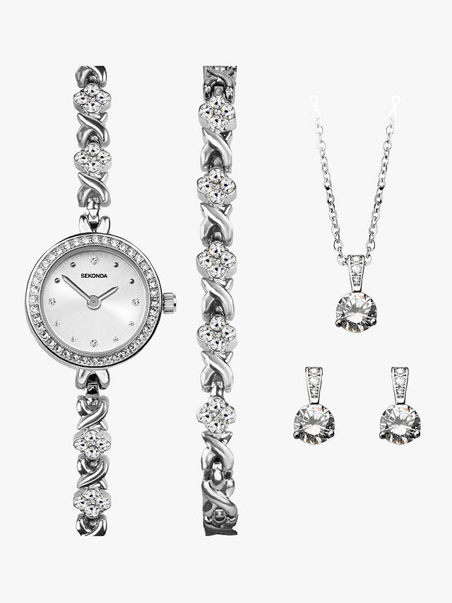 Sekonda 49026.76 Women's Crystal Watch, Bracelet, Pendant Necklace & Stud Earrings Jewellery Set, Silver