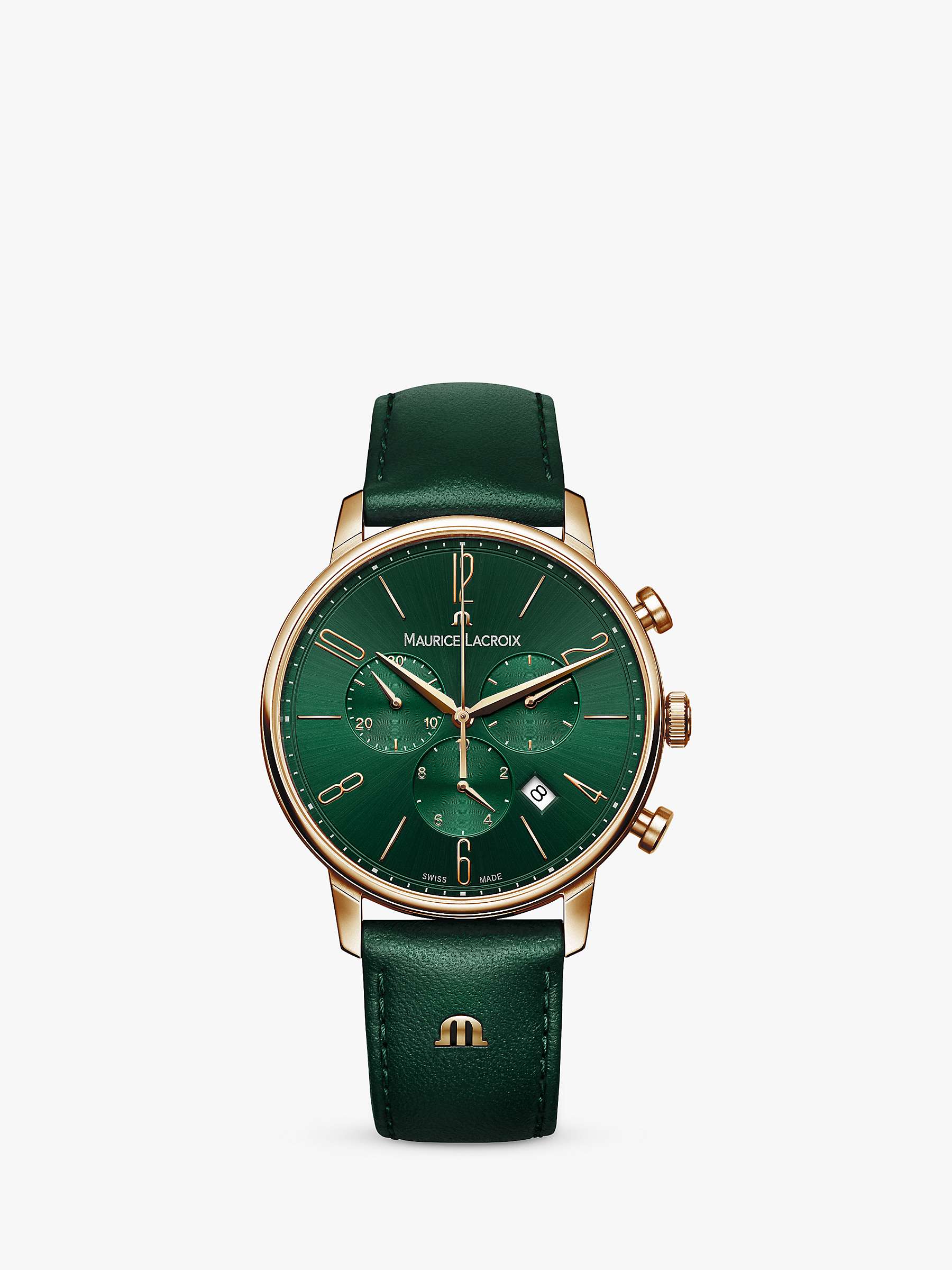Buy Maurice Lacroix EL1098-PVP01-620-5 Unisex Eliros Date Chronograph Leather Strap Watch, Green/Gold Online at johnlewis.com